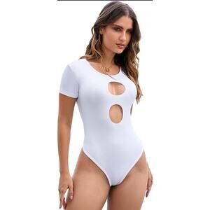 Short Sleeve Ribbed Bodysuits for Women, Sexy Cutout Round Neck One Piece XS SS
